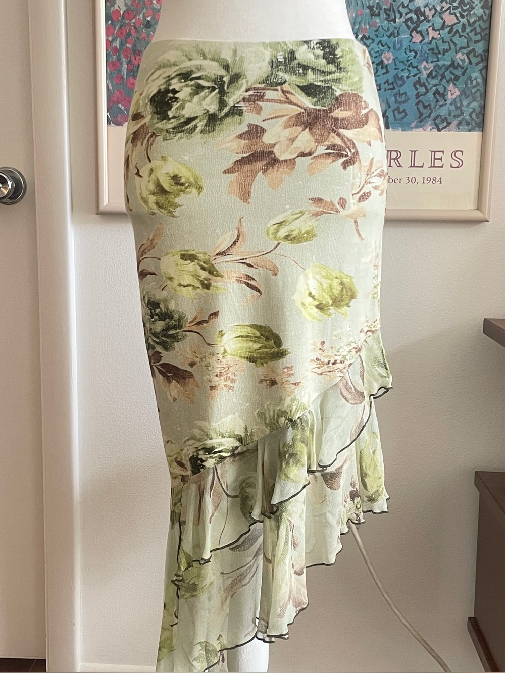 Casadei Green Floral Asymmetrical Ruffle Midi Skirt XS Silk Chiffon Fairy Forest
